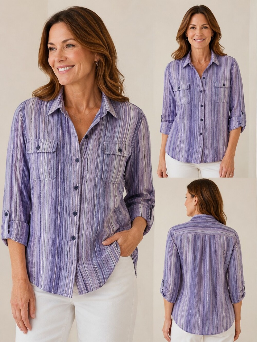 Liz Claiborne Purple Striped Button Front Blouse 3X Adjustable Roll Tab Sleeves